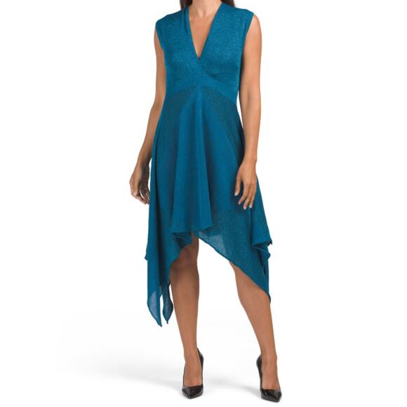 NWT Vertigo Paris Women's Metallic Shimmery Asymmetrical Hem Midi Dress - Picture 1 of 7